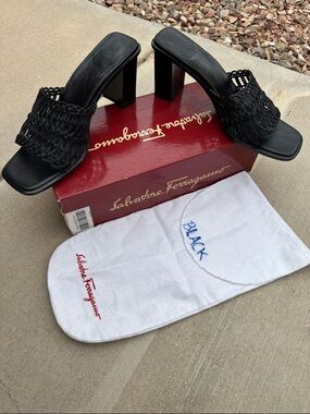 Salvatore Ferragamo Black Woven Leather Block-Heel Slides